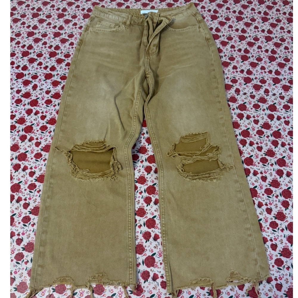 Vervet Women Mustard Tan Distressed Wide Leg High‎ Rise Jeans Size 27 e3 - Picture 2 of 7